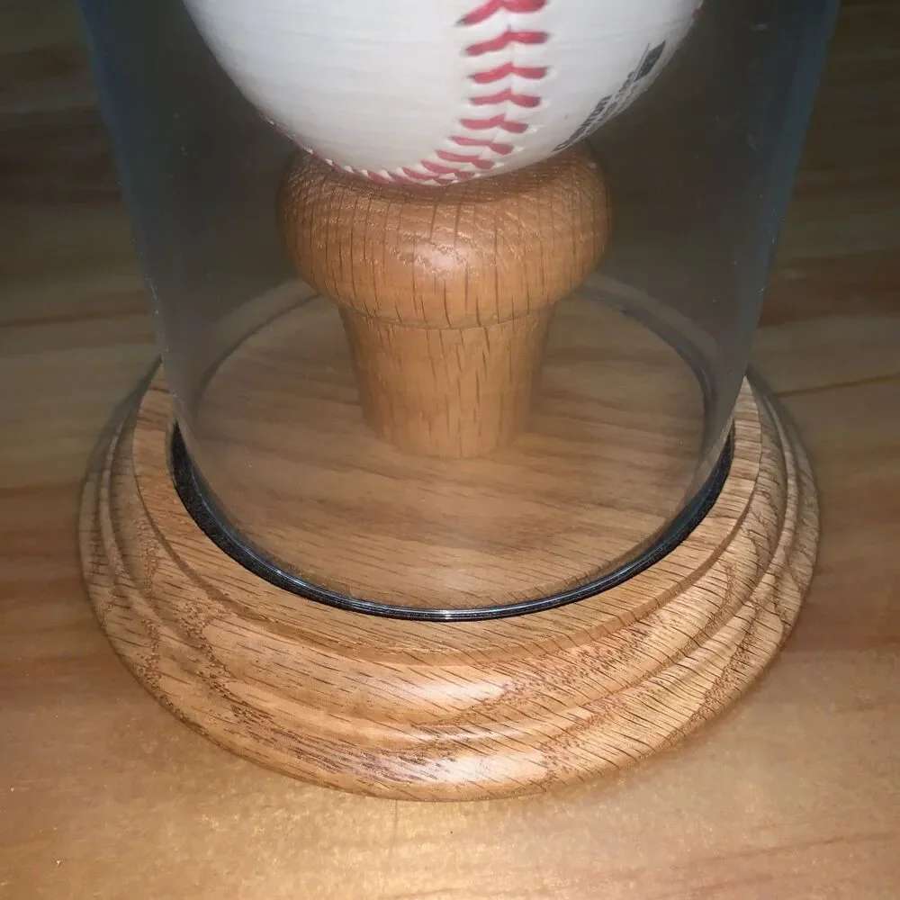 Baseball 7”Glass Display Dome w/ Oak 2” Pedestal On 5.75” Oak Wooden Base Ovrstk